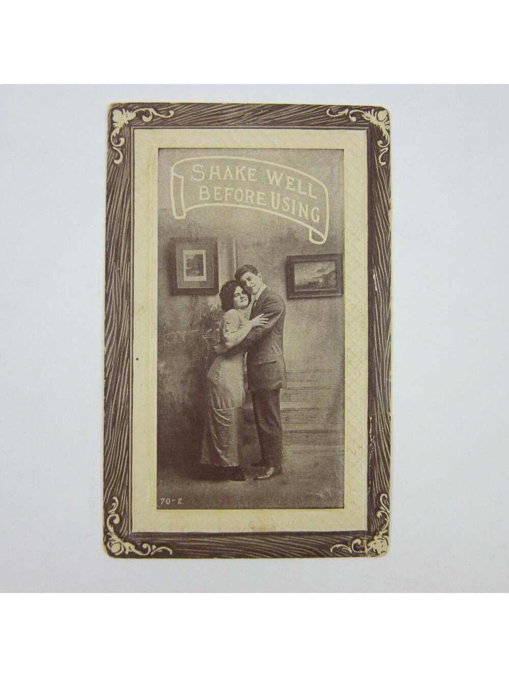 Postcard Risque Man & Woman Couple Romantic Lovers Shake Well Before Use Antique